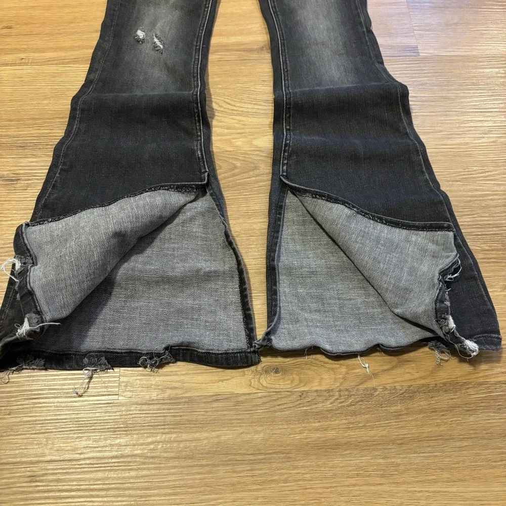 Flying Monkey Jeans Women 24 Black Mid Rise Flare Stretch Distressed Denim 24x31